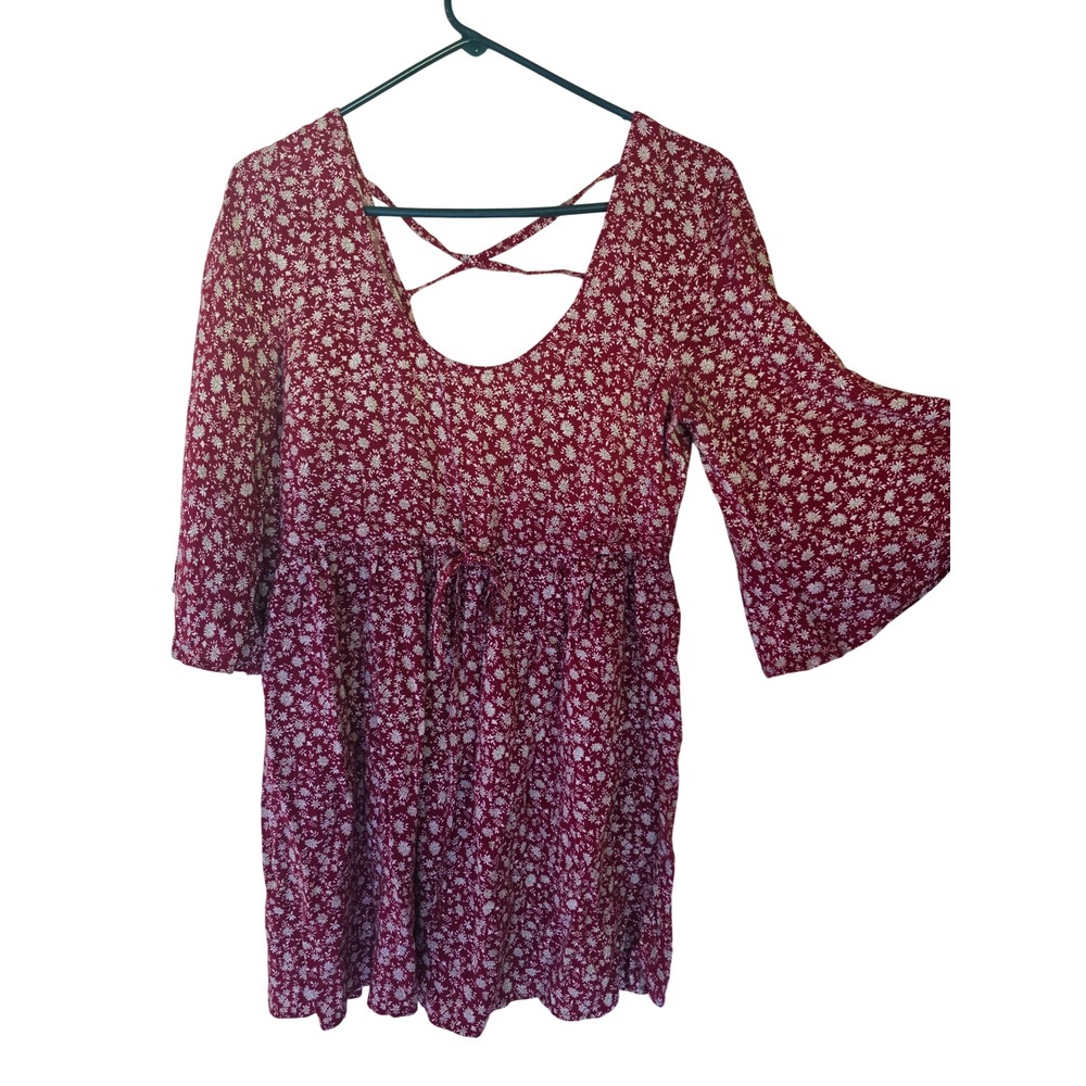 Miami Red Floral Daisy Empire‎ Waist Mini Dress Bell Sleeve Criss Cross Back S